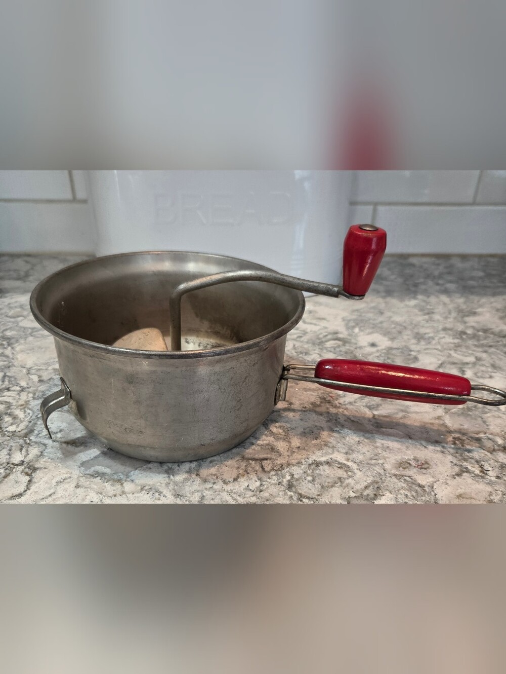 Vtg Foley Food Mill Manual Hand Crank Metal Red Wooden Handles Steel Country
